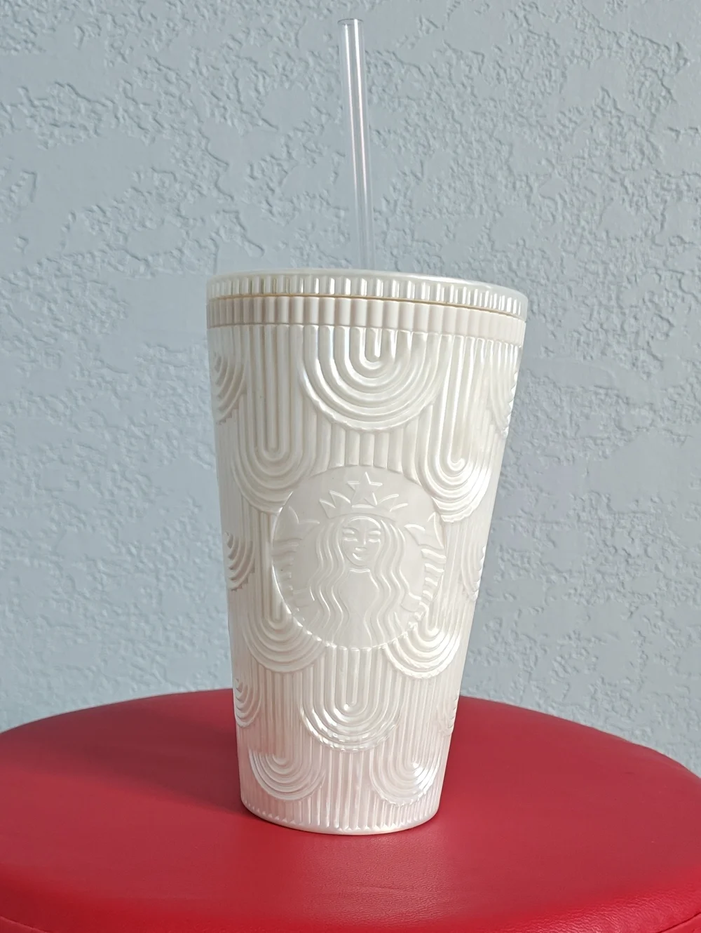 Starbucks Cream Embossed Cup with Clear Straw